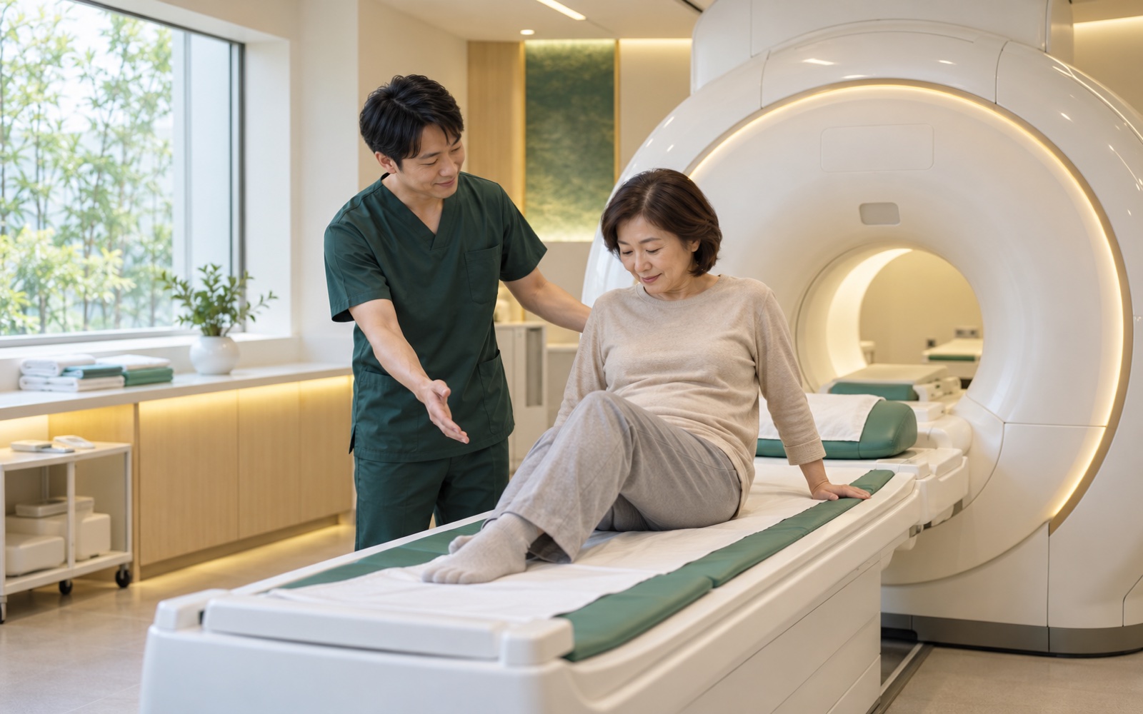 A patient being guided onto the MRI table