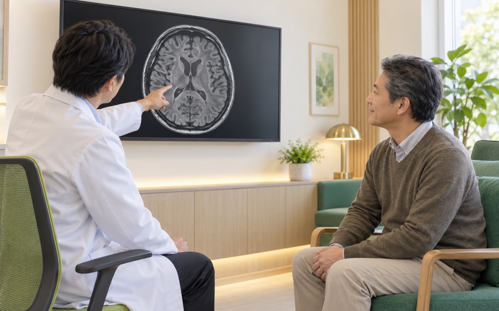 A physician explaining MRI images to a patient in Ginza