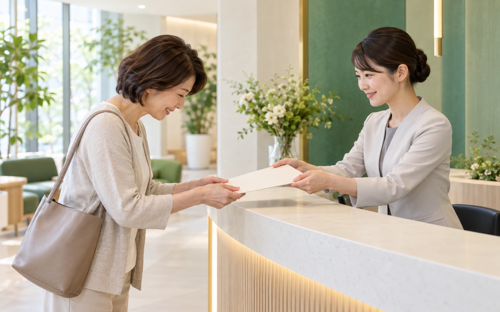 A patient receiving the written results summary at reception